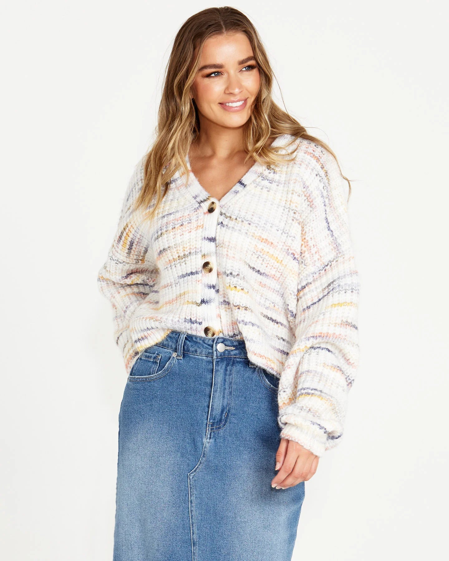 Sass - Pepper Space Oversized Button Up Wool-Blend Cardi - Cream Rainbow Marle