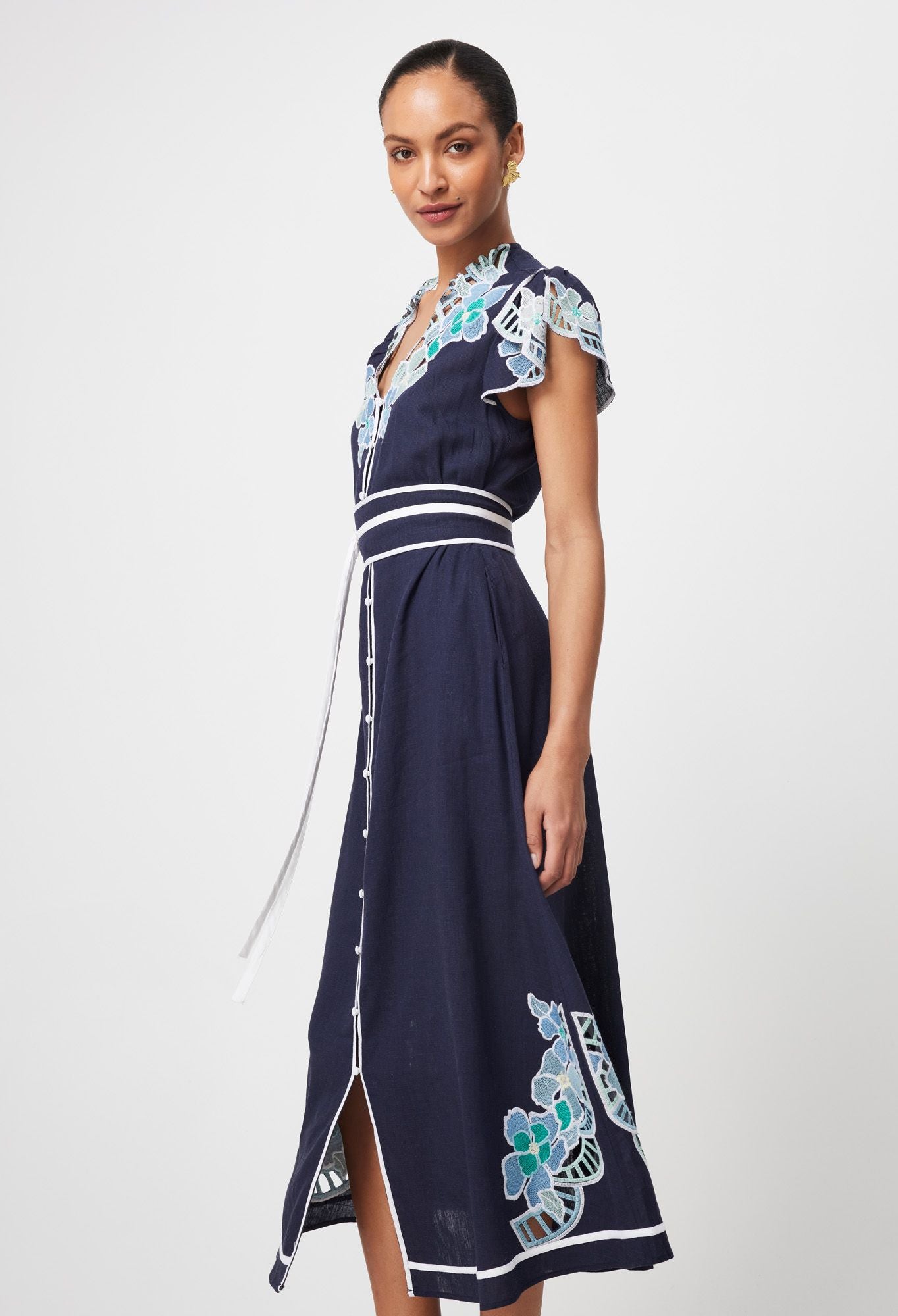 Once Was - Delray Embroidered Linen Viscose Dress - Lapis