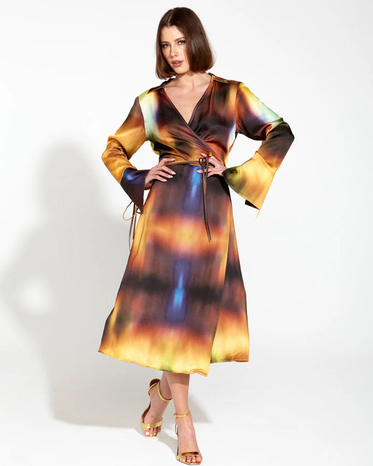 Sale - Fate & Becker - Orbit Satin Wrap Midi Dress - Gradient