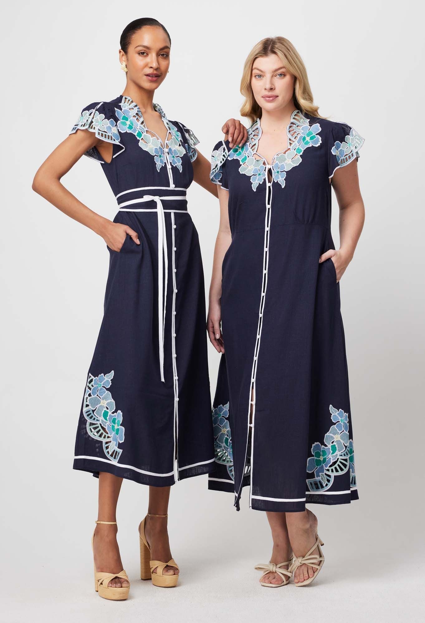 Once Was - Delray Embroidered Linen Viscose Dress - Lapis