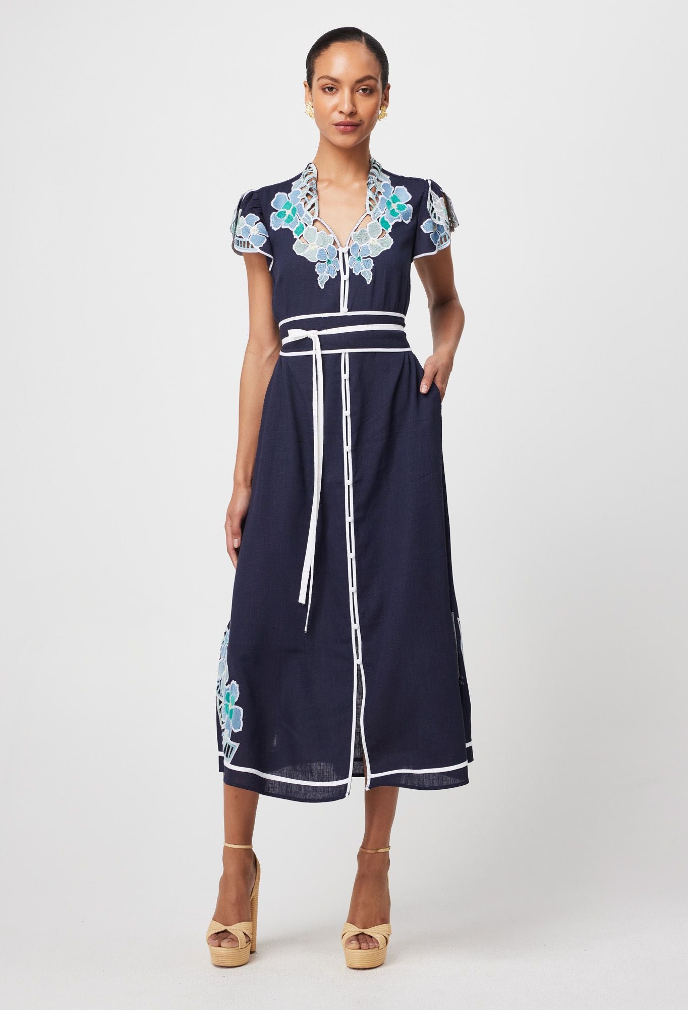 Once Was - Delray Embroidered Linen Viscose Dress - Lapis