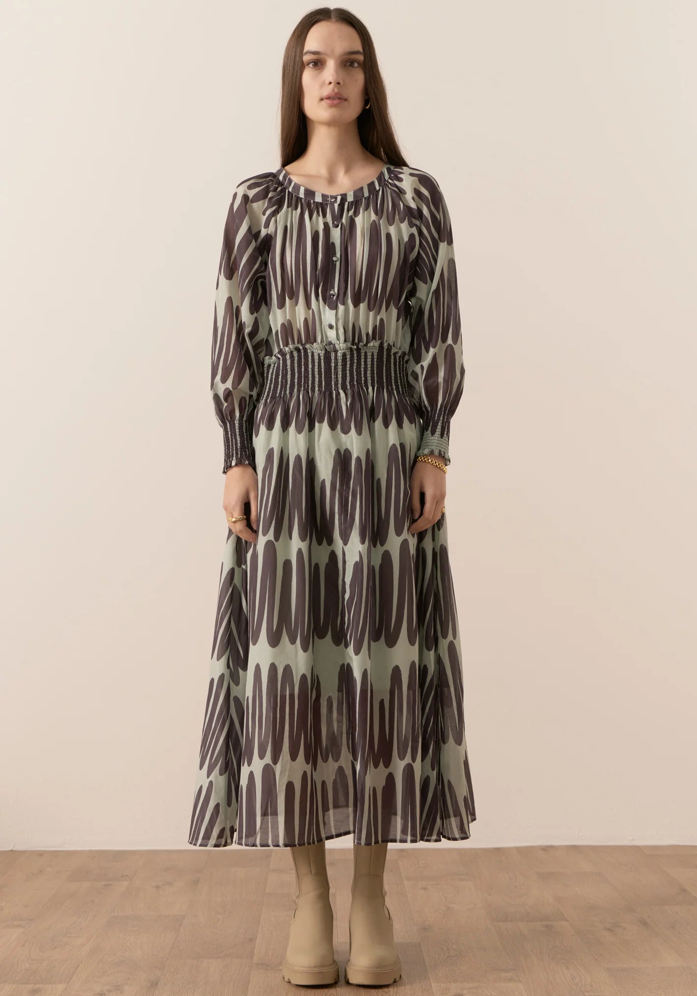 POL - Quill Shirred Dress - Quill Print