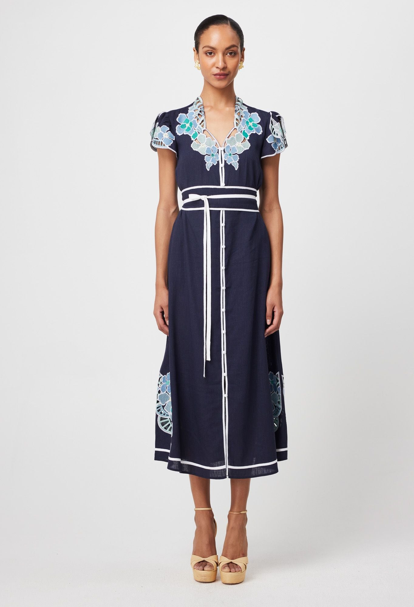 Once Was - Delray Embroidered Linen Viscose Dress - Lapis