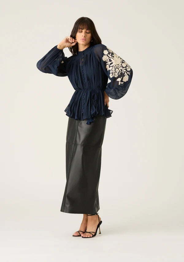 Mos the Label - Willow Pleat Blouse - Navy